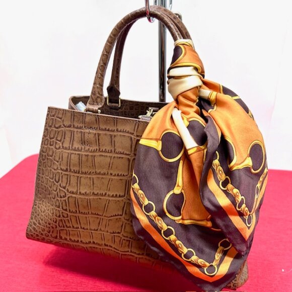 Unused  Cat In The Closet Leather Brown  Alligator Shoulder Bag+FREE Silk Scarf - Picture 15 of 16